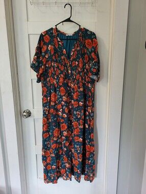 Floral Button-Front Midi Dress in Teal and Orange